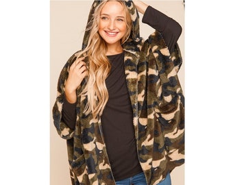 Femme vert camo sherpa fausse fourrure à capuche kimono cardigan poncho veste camouflage à capuche manteau en peluche vêtement d'extérieur grande taille