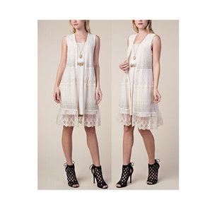 Vocal Ivory Cream Crystal Boho Vintage Lace Ruffle Sleeveless Cardigan Vest Duster Bohemian Tunic Top