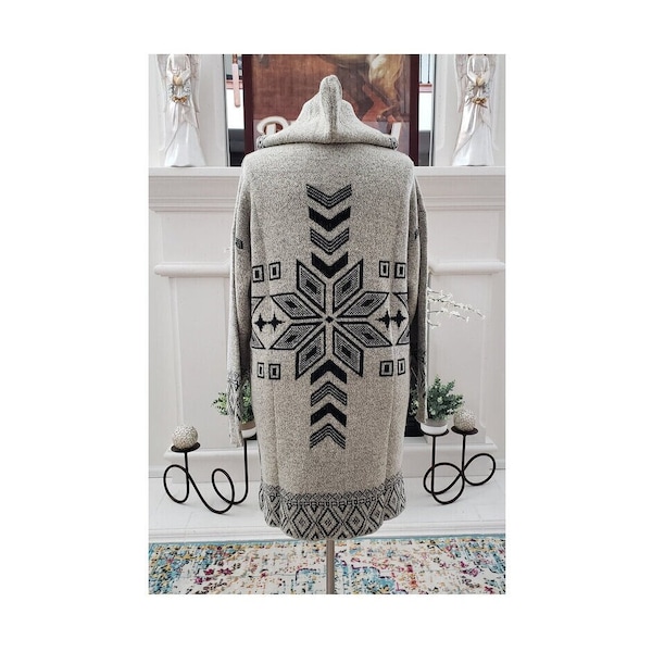 Boho Aztec Tribal Cowichan Southwestern Knit Hooded Long Cardigan Sweater Duster Top Hoodie Sweater Jacket Coat Outerwear Plus Size