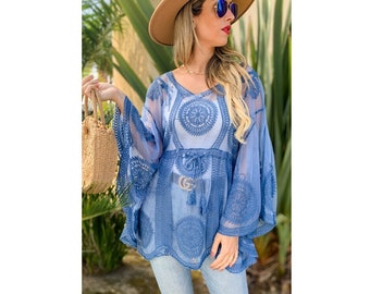 Boho Crochet Lace Kimono Tunic Duster Top Mandala Embroidered Beach Cover Up Summer Bohemian Sheer Tunic