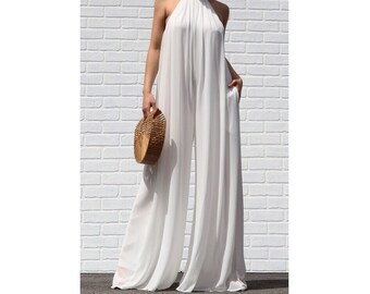 White Bohemian Halter Wide Leg Palazzo Jumpsuit Pantsuit Outfit Sleeveless Elegant Cocktail Party Dress Jumpsuit