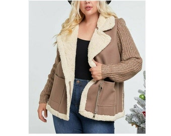 Plus Size Sherpa Fur Knit Long Sleeves Shearling Jacket Shacket Outerwear Western Rancher Coat Moto Bomber Jacket