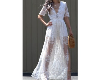 White Bohemian Maxi Dress Crochet Lace Embroidered Boho Long Dress Summer Vacation Wedding Peasant