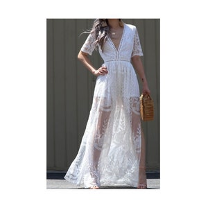 White Bohemian Maxi Dress Crochet Lace Embroidered Boho Long Dress Summer Vacation Wedding Peasant image 1