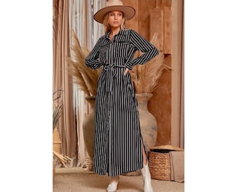 black and white striped linen dress Black & White Striped Maxi Shirt Dress - All Dresses