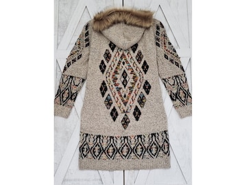 Suéter cárdigan largo con capucha y cremallera frontal de piel sintética estilo suroeste azteca, abrigo, chaqueta, ropa de abrigo para mujer, tribal, Yellowstone Cowichan