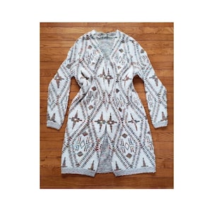 Boho Tribal Celtic Cross Fuzzy Knit Long Cardigan Sweater Duster Coat Top Western Inspired Ivory Multicolor Women&#39;s Outerwear