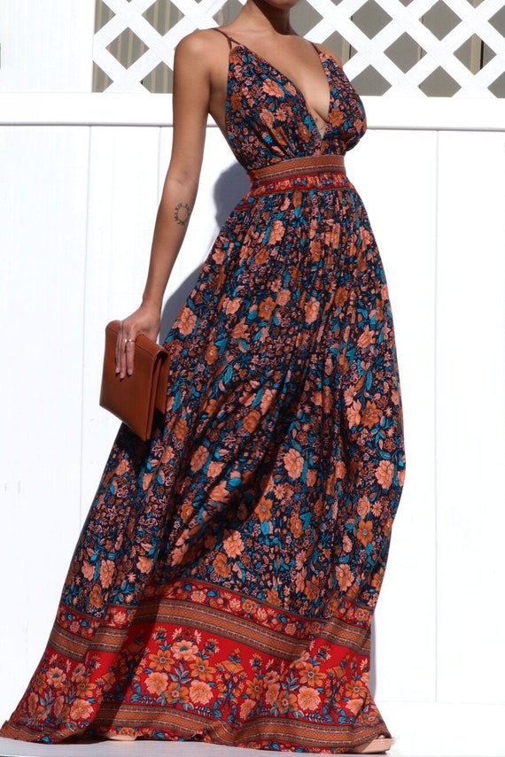 Women's Boho Chic Gypsy Floral Border Print Open Back Maxi - Etsy