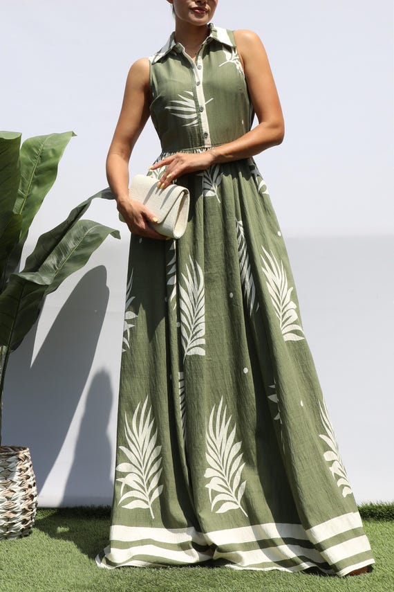 Boho Tropical Leaf Maxi Dress | Olive Green Sleeveless Collared Dress | Resort Vacation Dress