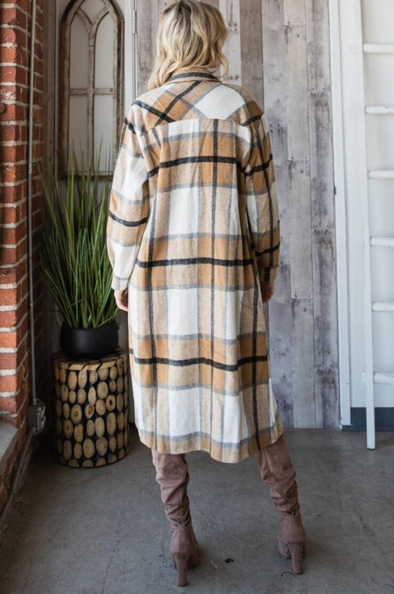 Tan Brown White Plaid Brushed Flannel Long Maxi Shirt Jacket - Etsy Finland
