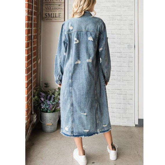 Distressed Vintage Denim Maxi Coat, Ripped Blue Long Jean Jacket