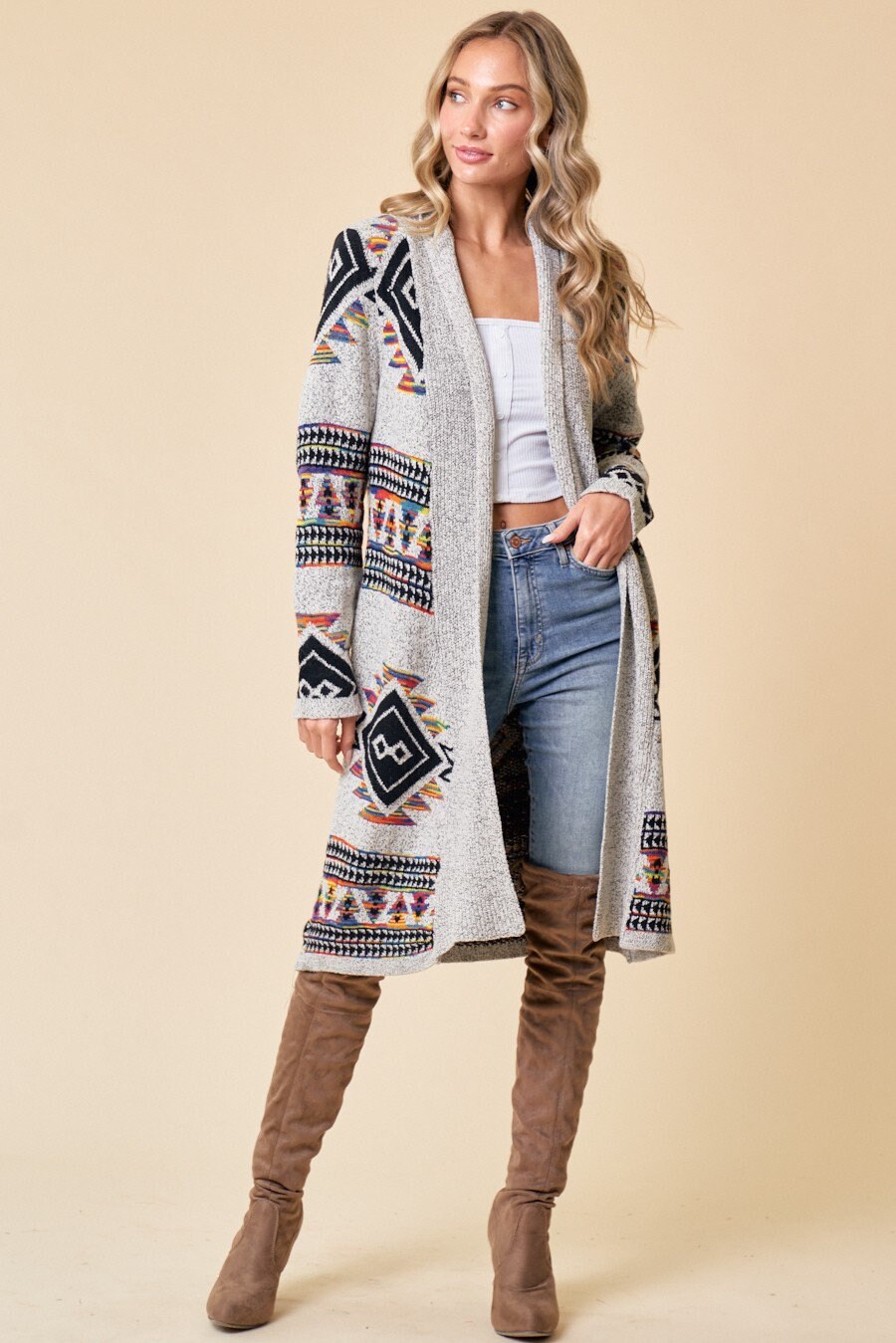 Boho Aztec Tribal Cowichan Southwestern Knit Long Cardigan Sweater ...