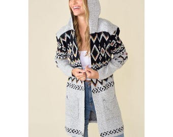 Aztec Western Tribal Knit Hooded Long Cardigan Duster Sweater Jacket Coat Women's Outerwear
