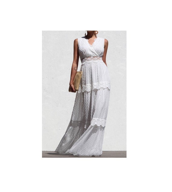 chinese dress ladies Vintage 60's Off White Crochet Lace Dress Velvet Trim Maxi Dress S   Bombshell Bettys Vintage