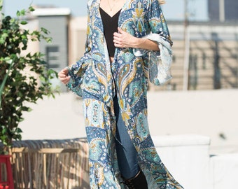 Boho Gypsy Paisley Bell Sleeve Ruffle Long Wrap Kimono