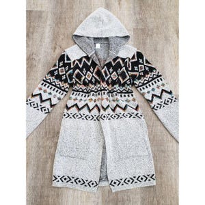 Aztec Western Hooded Cardigan Sweater, Tribal Knit Long Duster Coat Jacket, Women’s Southwestern Outerwear