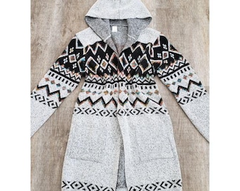 Aztec Western Hooded Cardigan Sweater, Tribal Knit Long Duster Coat Jacket, Women’s Southwestern Outerwear