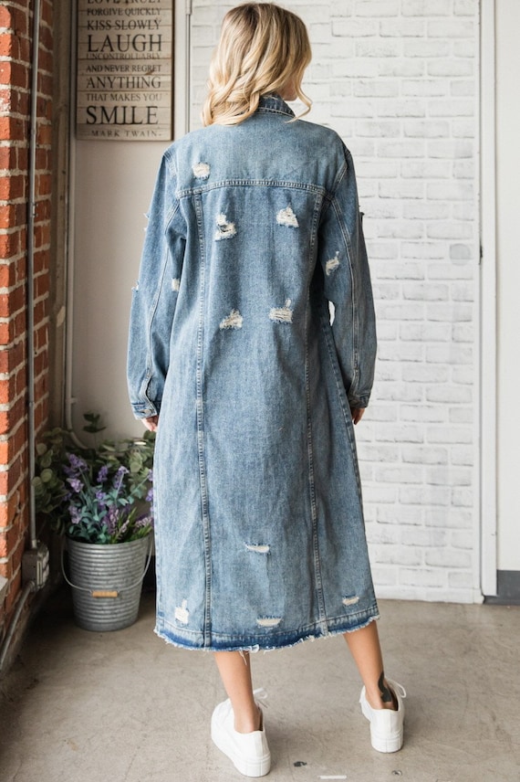 Distressed Vintage Denim Maxi Coat Long Jean Jacket, Western