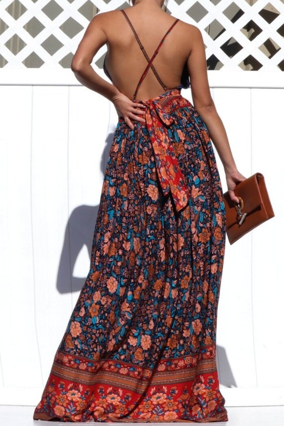 Women's Boho Chic Gypsy Floral Border Print Open Back Maxi - Etsy