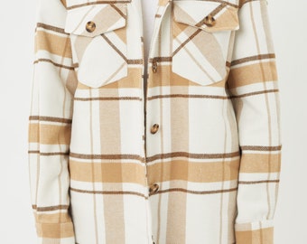 Women's Tan White Plaid Checkered Flannel Long Shirt Jacket