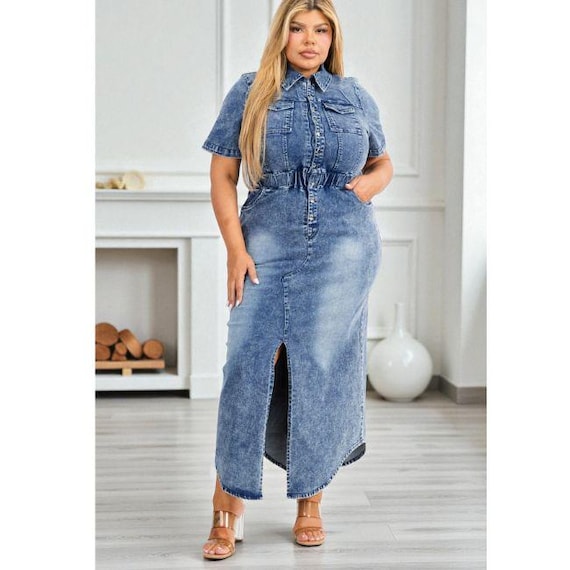Plus Size Vintage Acid Wash Denim Long Shirt Dress, Jean Maxi Dress Front Slit