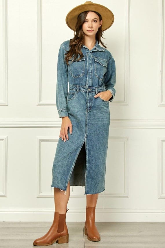 Western Vintage Denim Midi Maxi Dress | Front Slit Jean Trucker Shirt Dress  - Etsy Israel