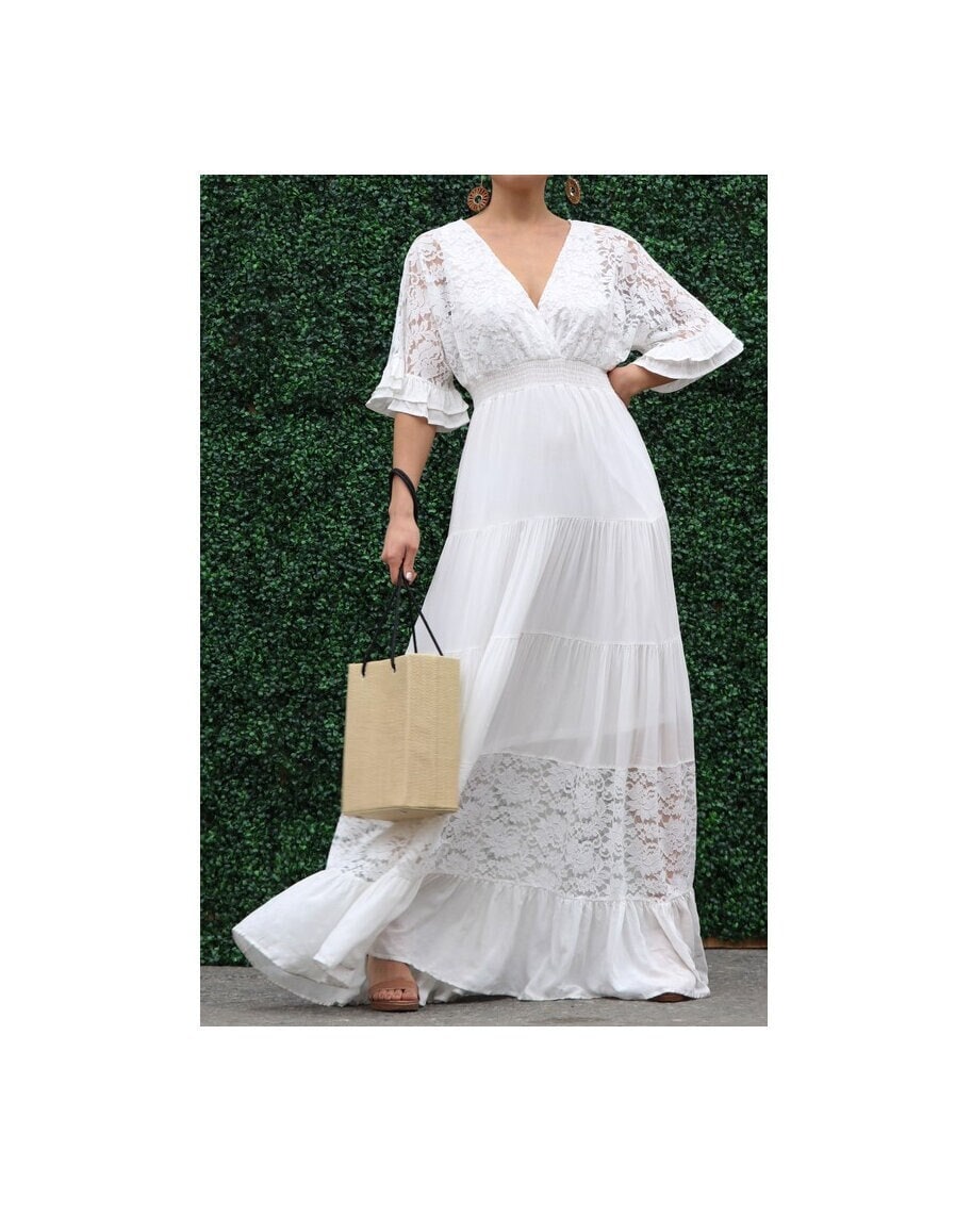 Bohemian White Lace Wide Bell Ruffle Sleeve Maxi Dress Peasant - Etsy New  Zealand
