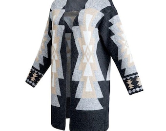Boho Aztec Southwest Knit Long Cardigan Sweater Duster Coat Western Tribal Women's Outerwear