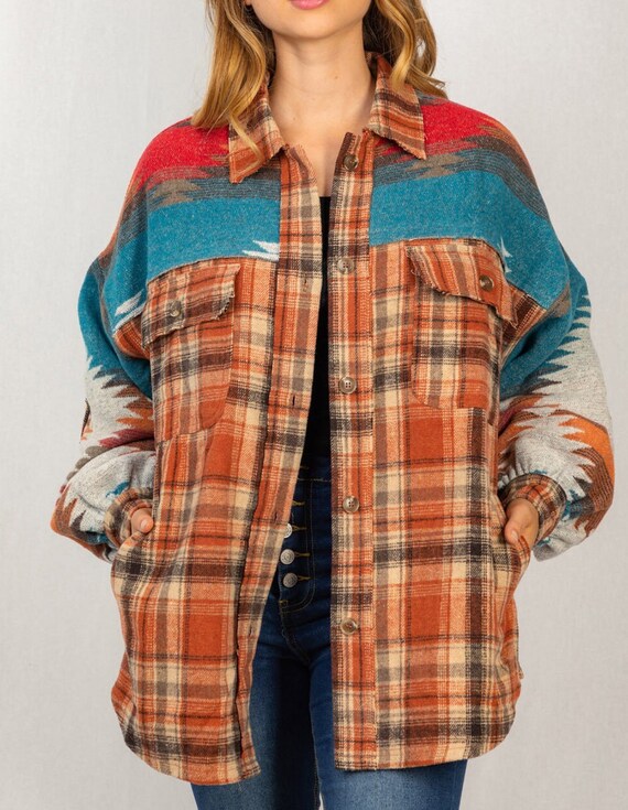 Plus Size Aztec Tribal Plaid Shacket 