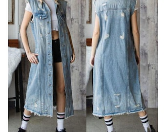 Chaleco vaquero largo maxi desgastado y roto vintage azul, chaqueta sin mangas, abrigo