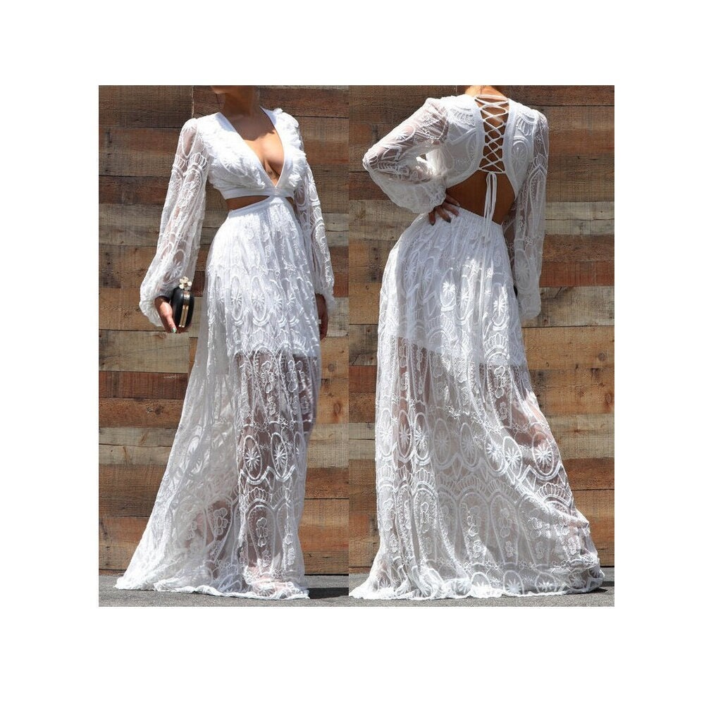 Vestido boho Vestido largo boho campesino con corte de encaje de