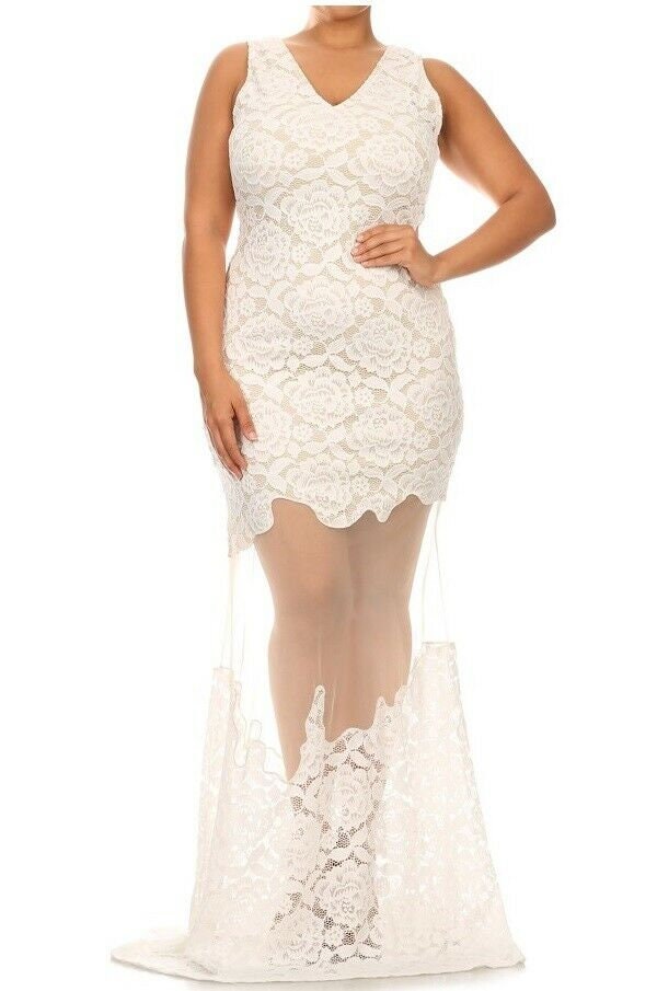 chinese dress ladies Plus Size Illusion Lace Mermaid Wedding Dress with Long Sleeves ALITA – ieie main image 0