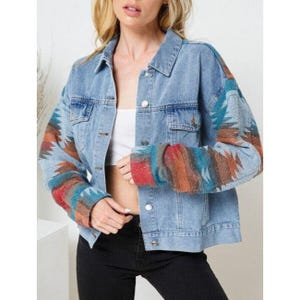 Boho Western Aztec Denim Shacket | Vintage Tribal Southwestern Print Jean Jacket | Flannel Contrast Shirt | Yellowstone Cowgirl Outerwear