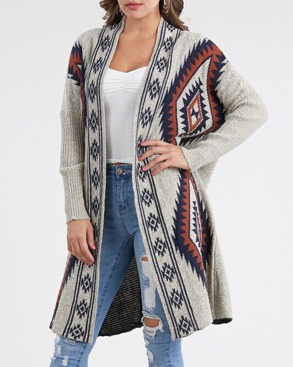 DaisyMoodBoutique Boho Aztec Tribal Southwestern Print Long Cardigan Sweater Duster Top Western Cowichan Inspired