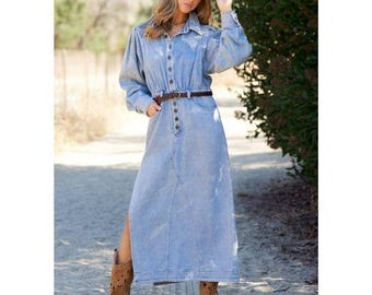 Vestido largo vaquero vintage estilo western, manga larga, abertura lateral, estilo camisero