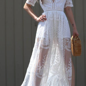 White Bohemian Maxi Dress Crochet Lace Embroidered Boho Long Dress Summer Vacation Wedding Peasant image 2