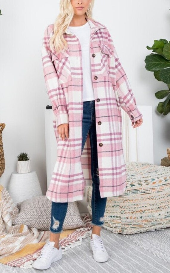 Boho Mauve Pink Brushed Plaid Long Flannel Shirt Jacket Western Maxi Shacket Coat Outerwear