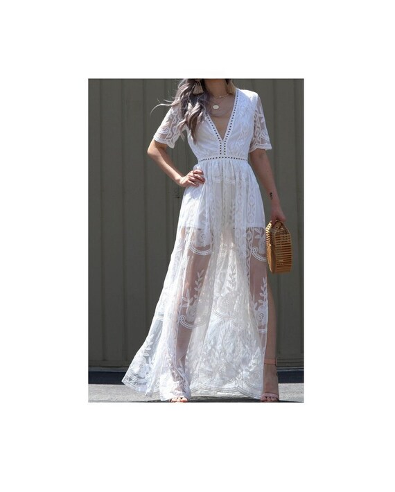 White Bohemian Maxi Dress Crochet Lace Embroidered Boho Long Etsy