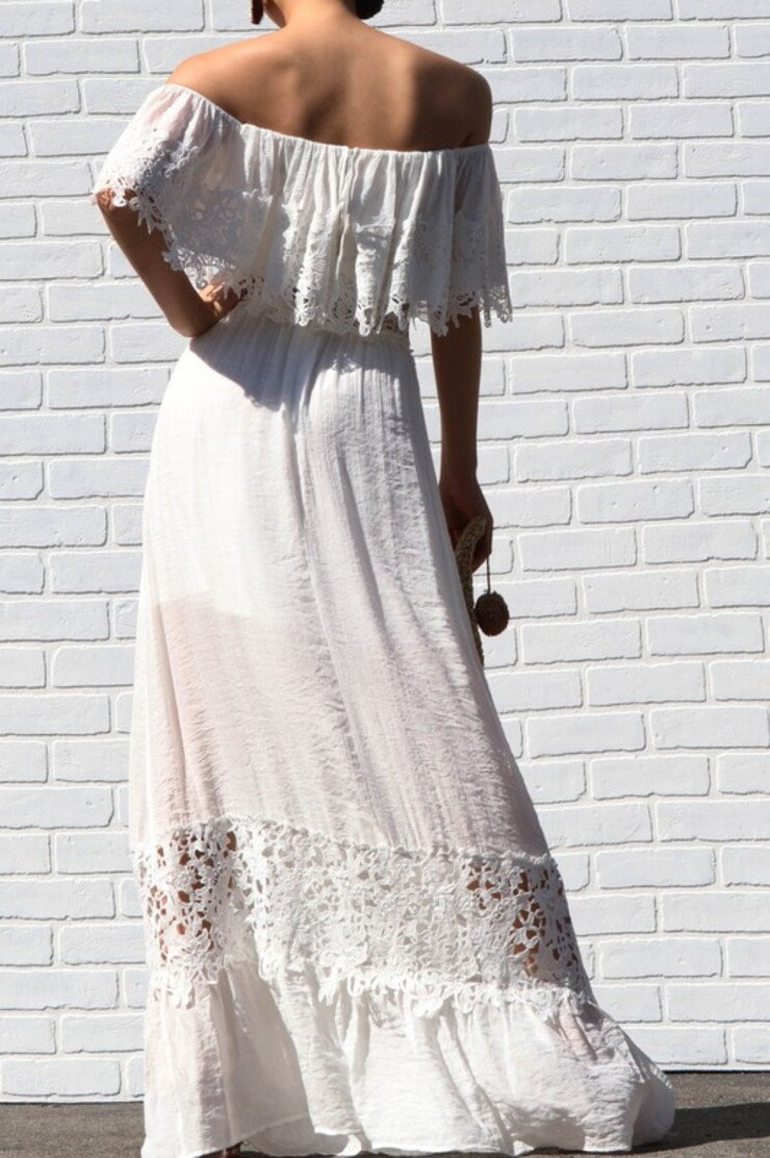White Embroidered Lace Sleeveless V-Neck Bohemian Ruffled Long Maxi Dress main image 1