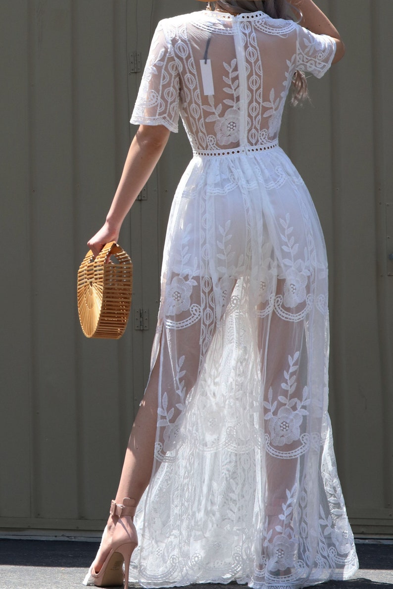 White Bohemian Maxi Dress Crochet Lace Embroidered Boho Long Dress Summer Vacation Wedding Peasant image 3