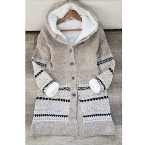 Aztec Cowichan Western Sherpa Fleece Lined Hooded Knit Long Cardigan Sweater Coat Jacket Women&#39;s Outerwear