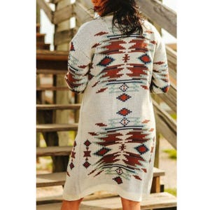 Ivory Boho Aztec Southwest Knit Long Cardigan Duster Coat Western Boho Sweater Jacket