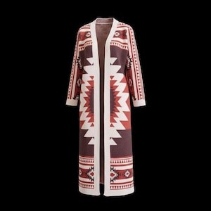May include: A long, open-front cardigan in a Southwestern-inspired design. The sweater features a geometric pattern in shades of brown, red, and cream. The cardigan is floor-length and has long sleeves, perfect for layering.