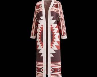 Aztec Tribal Southwestern Knit Long Maxi Cardigan Sweater Duster Coat Western Country Style Women's Outerwear