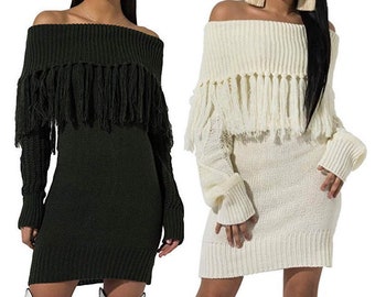 Black Boho Off Shoulder Fringe Rib Knit Sweater Dress Sexy Bohemian Tunic Top