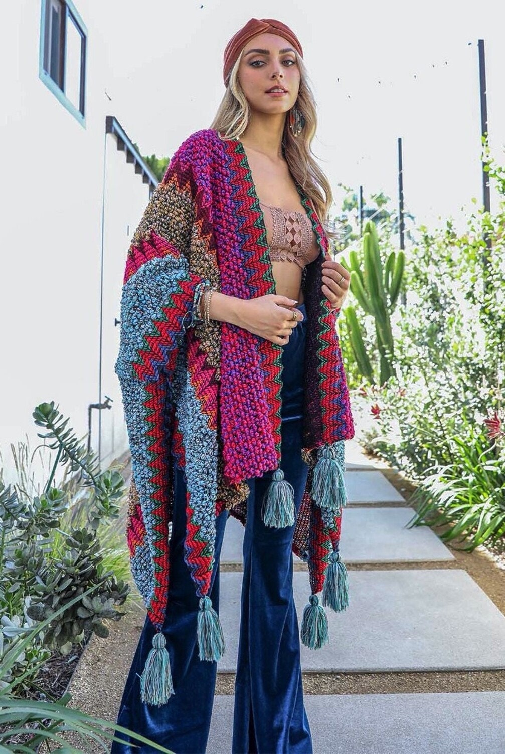 Bohemian Gypsy Chunky Crochet Knit Tassel Ruana Wrap Shawl Cardigan ...