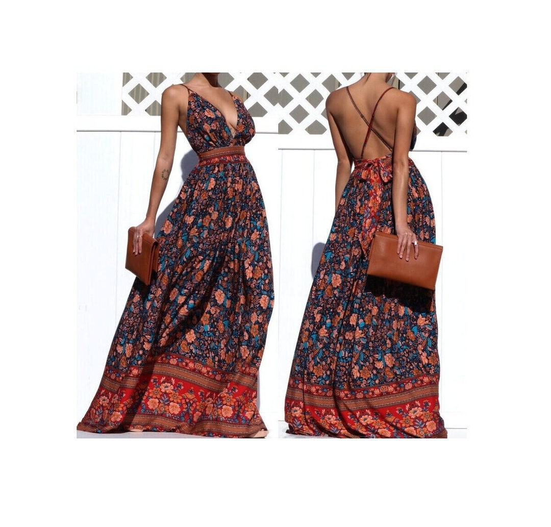 Women s Boho Chic Gypsy Floral Border Print Open Back Maxi Dress Etsy Canada