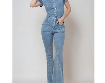 Boho Vintage Wash Stretch Denim Jumpsuit Wide Flared Leg Hippie Jean Overall Pantsuit Catsuit