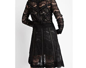Boho Vintage Crochet Lace Suede Studded Cardigan Jacket Duster Bohemian Top Black Vocal