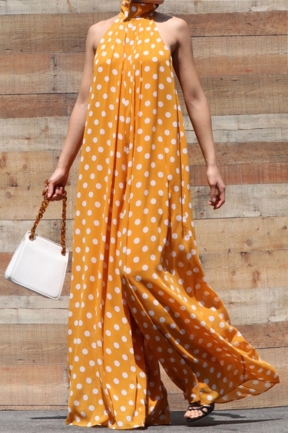 Vintage Polka Dot Halterneck Lace-up Top And Wide Leg Pants Suit-Pants main image 0
